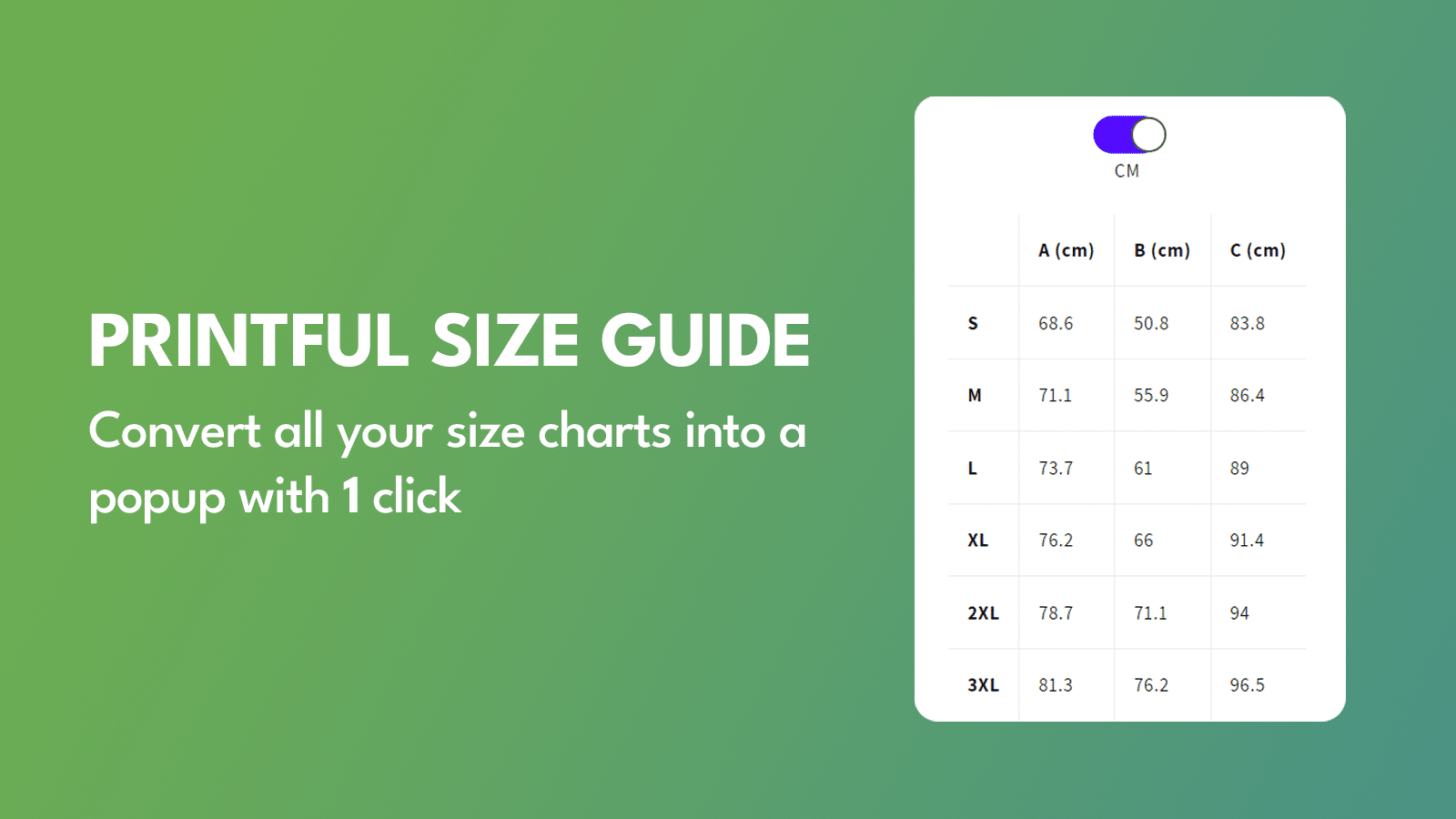 Shopify Printful Size Guide