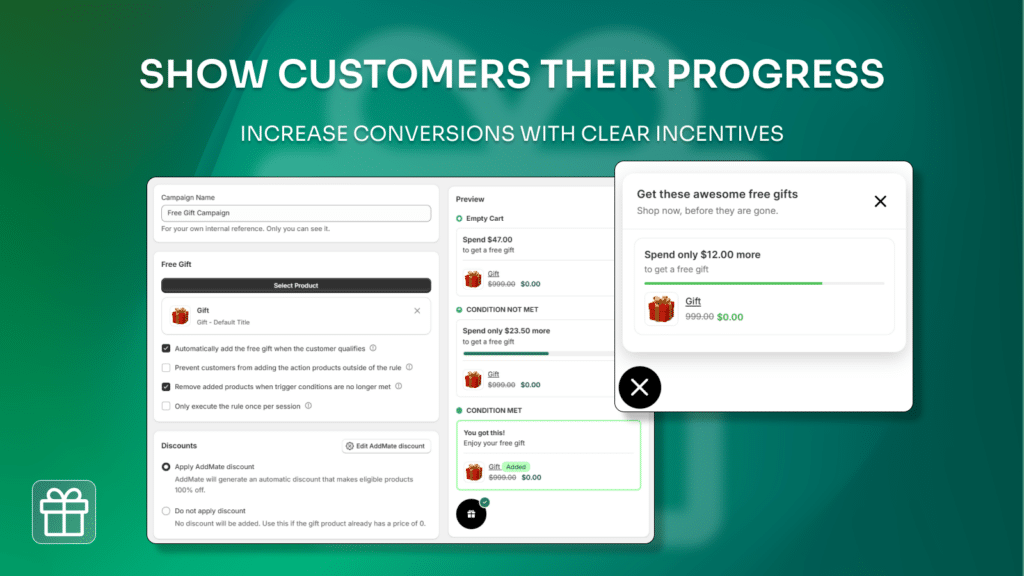 Shopify Free Gift App: Introducing AddMate for Auto Add to Cart Offers 5 Free gift progress widget showing spend threshold in cart